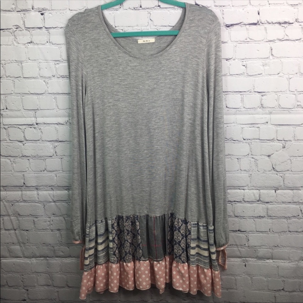 Mon Ami Gray Babydoll Tunic With Patchwork Accent